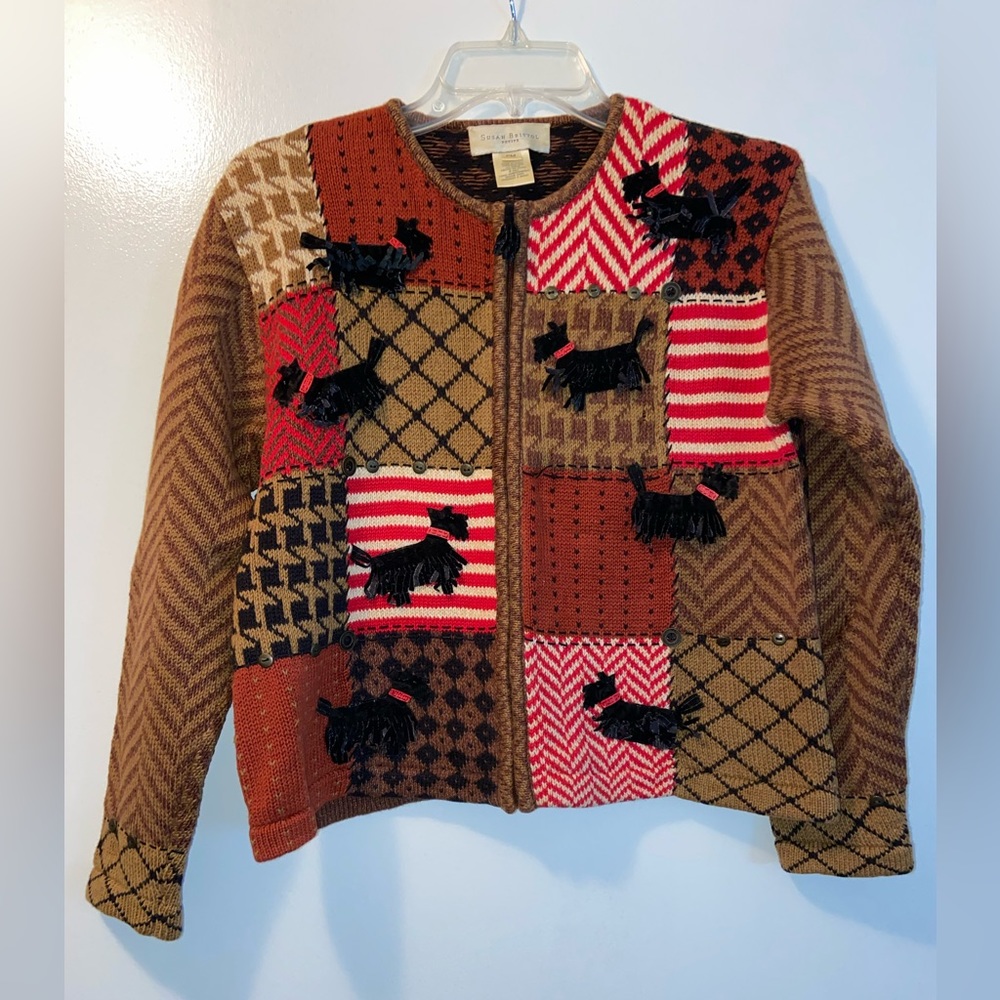 Susan Bristol full zip Scottie Dog cardigan.